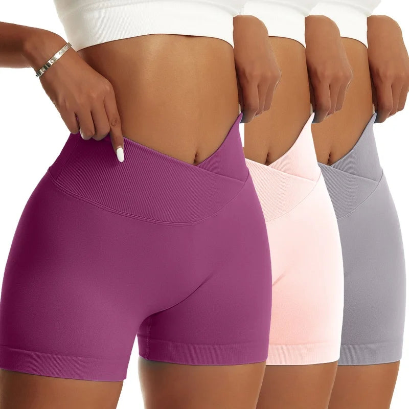 Three Piece Women Peach Yoga Scrunch Shorts Set High Waist