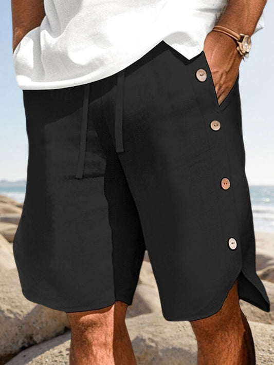 Men Summer Shorts Casual Solid Color Side Button Pockets