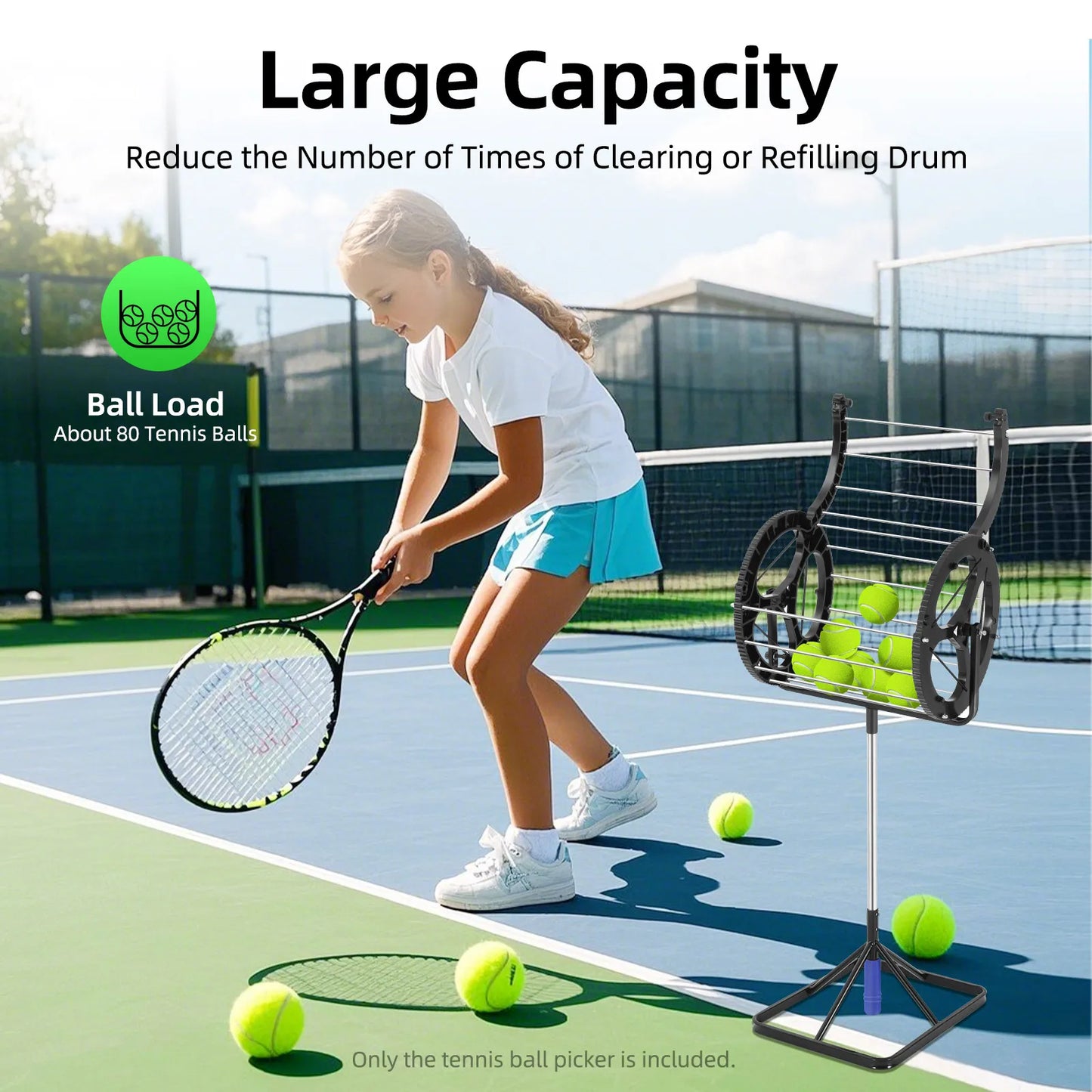 Tennis Ball Picker Basket 80 Ball Capacity Height Control