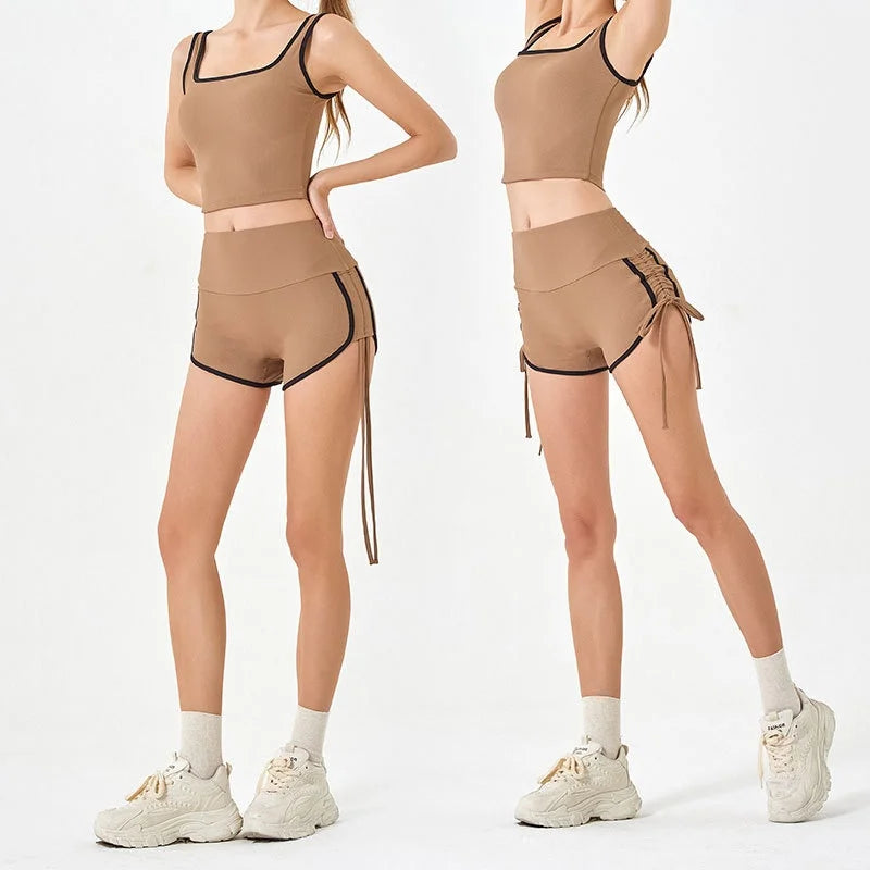 Womens Drawstring Yoga Shorts High Elastic Fitness Running