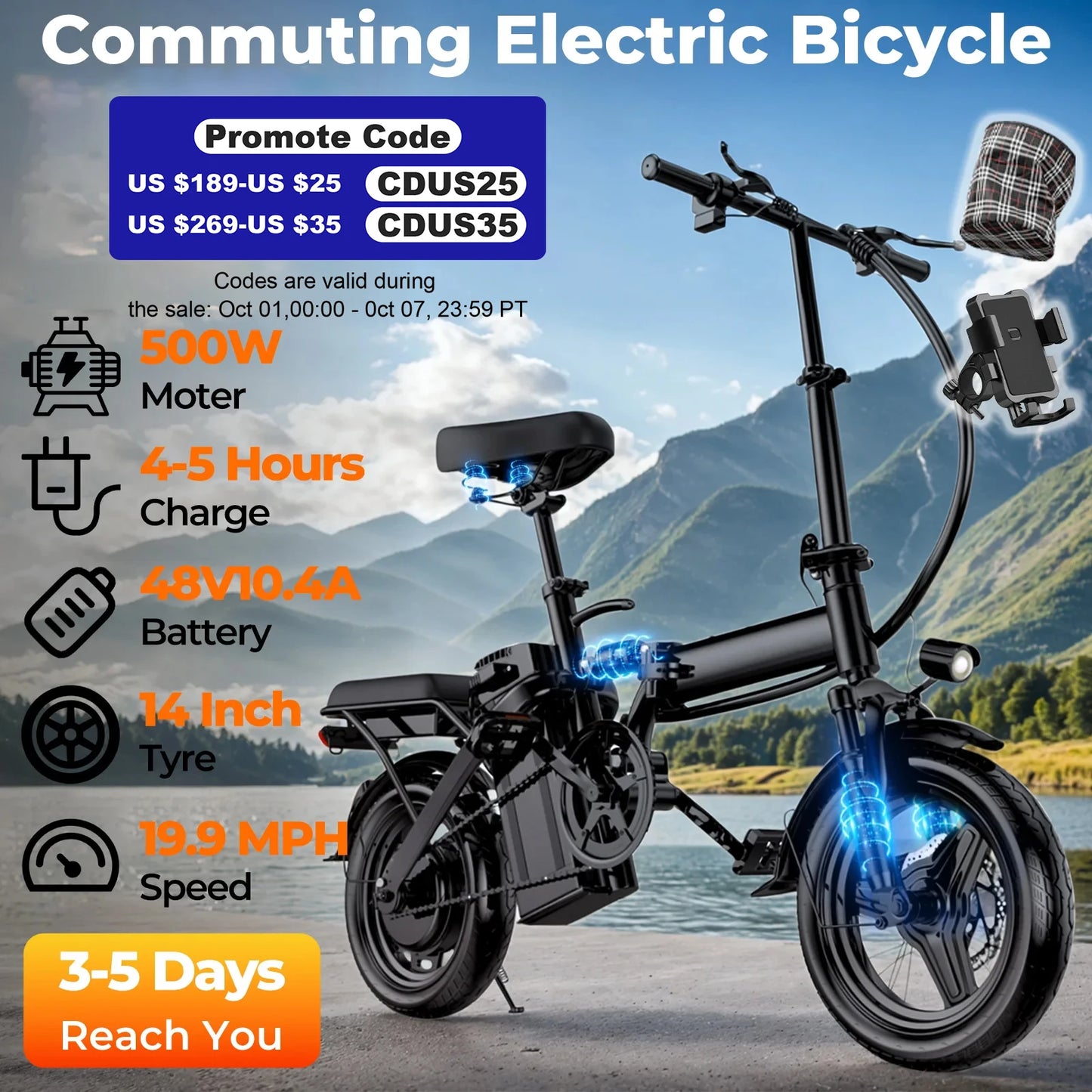 Lelekuai 500W Fold Electric Bike 20 MPH Removable Battery