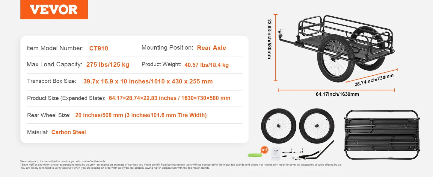 275 Lb Bike Trailer Foldable Universal Hitch 20 Inch Wheels