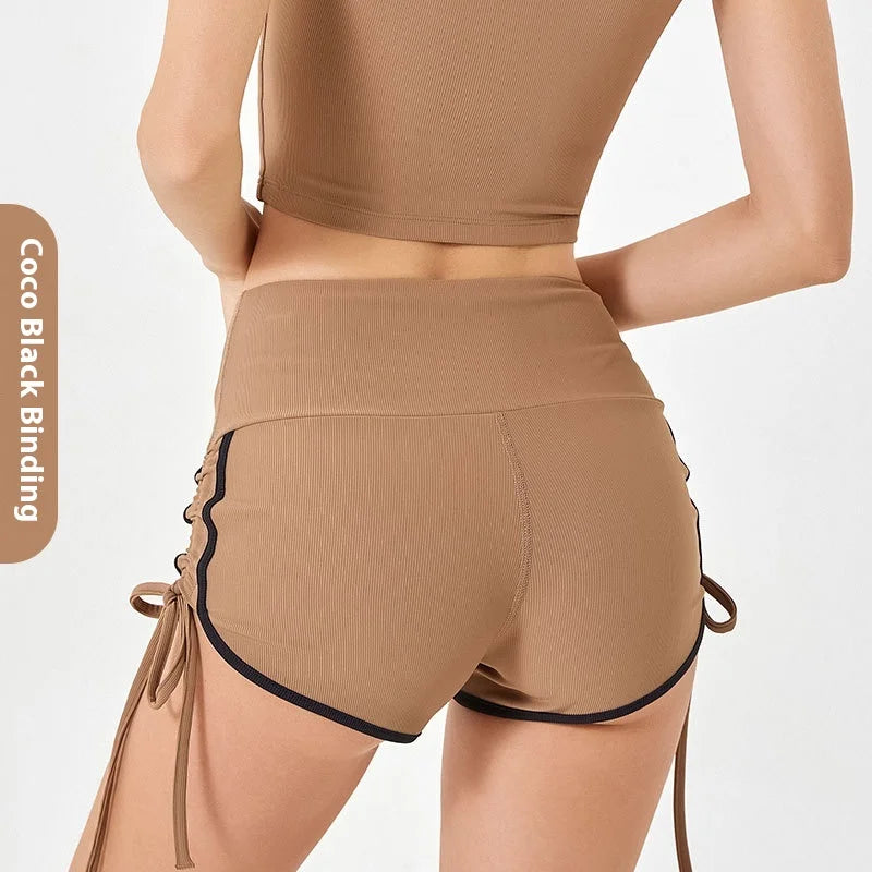 Womens Drawstring Yoga Shorts High Elastic Fitness Running